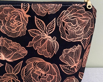 Makeup Bag, Rose Gold, Metallic,  Black & Pink Floral Pouch Bags and Purses - Makeup Pouch, Gift for Her - Pink Zip Pouch