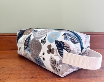 Floral toiletry bag, travel pouch, cosmetic bag, makeup bag, rifle paper co toiletry bag, travel bag, gifts for girlfriend, grey and blue