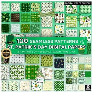 100 St. Patrick's Day Digital Paper Bundle - Kleeblatt & Klee Muster - Irische Themenpapiere - Nahtlose Muster - 12 x 12 Zoll bedruckbares Papier
