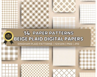 Beiges Karo-Digitalpapier-Bundle – Nahtlose Karo- & Tartan-Muster – Klassische Gingham-Hintergründe – Hochzeits- und Babyparty-Hintergründe