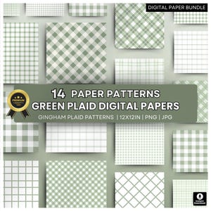 May include: A collection of 14 green plaid digital paper patterns. The designs include gingham, diamond, and grid patterns. The papers are 12x12 inches and available in PNG and JPG formats. The words "Digital Paper Bundle" are at the top.