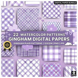Watercolor Gingham Digital Papers – Purple Plaid Patterns – Seamless Checkered Scrapbook Backgrounds – Wedding and Baby Shower Backgrounds