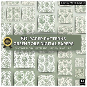 Green Toile de Jouy Digital Paper – Green Floral Patterns – Wedding Digital Paper – Green And White Backgrounds – Baby Shower Decor Patterns