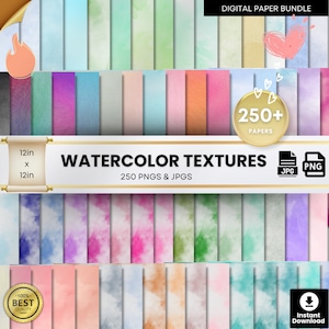 250 carte digitali texture acquerello BUNDLE - modelli diversi - 12x12 pollici - JPG di alta qualità - PNG - download istantaneo - uso commerciale