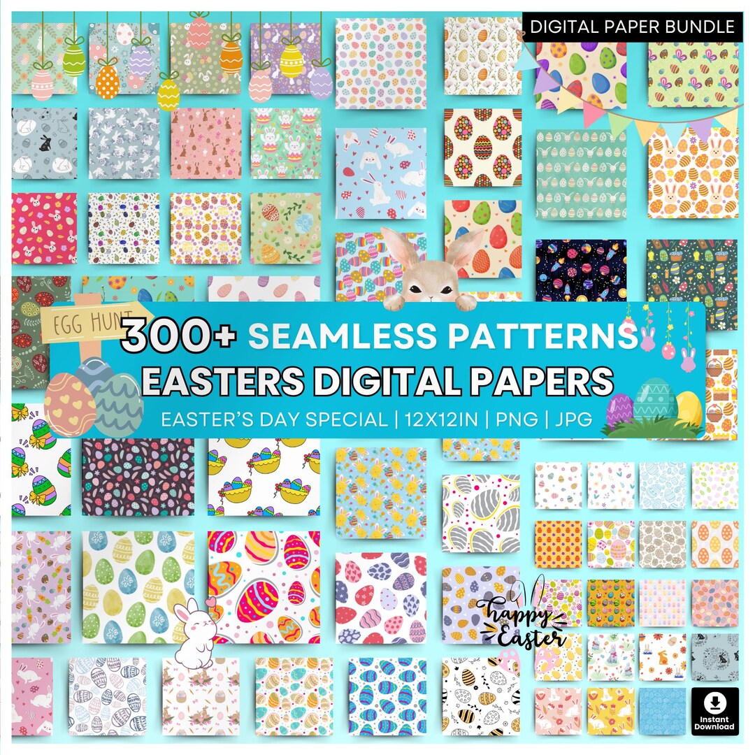 Easter Digital Paper Bundle - Bunny & Egg Patterns - Cute Bunny Designs ...