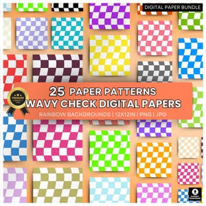 Könnte beinhalten: Eine Sammlung von 25 digitalen Papiermustern mit einem wellenförmigen Karodesign in verschiedenen Regenbogenfarben. Das Bild zeigt Quadrate in verschiedenen Farben, wie Rot, Lila und Grün, mit einer Größe von 30,48 cm x 30,48 cm. Der Text lautet "Wavy Check Digital Papers."