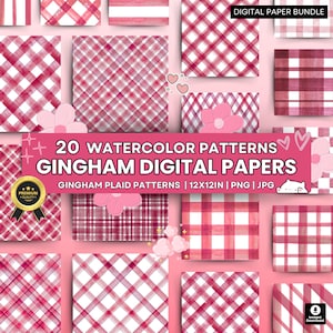 Pode incluir: Uma coleção de 20 papéis digitais em aquarela com padrões xadrez gingham em vermelho e branco. A imagem inclui o texto "20 Watercolor Patterns Gingham Digital Papers" e "Gingham Plaid Patterns | 30.5x30.5cm | PNG | JPG".