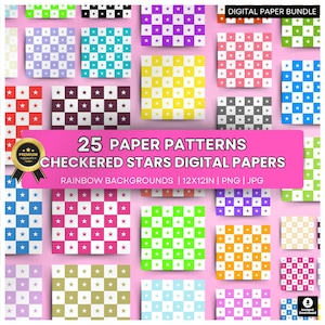 May include: A digital paper bundle featuring 25 patterns with checkered stars in various colors, including red, purple, and green. The designs are arranged in a grid, with the text "25 PAPER PATTERNS CHECKERED STARS DIGITAL PAPERS" across the center.