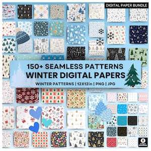 May include: A digital paper bundle with over 150 winter themed seamless patterns. The patterns are in a variety of colors and styles, including snowflakes, trees, and winter animals. The patterns are 12x12 inches and are available in PNG and JPG formats.