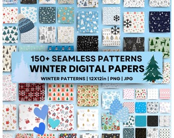 Paquete de papel digital de invierno: patrones sin costuras, patrones navideños, adornos invernales, copos de nieve, estampados invernales acogedores y estampados de cristales de hielo.