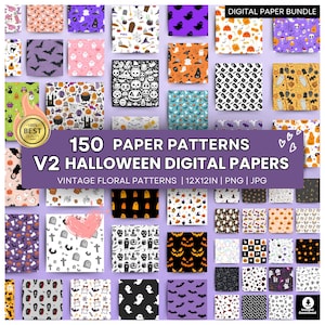 Puede incluir: Una colección de 150 patrones de papel digital con temática de Halloween. Los diseños incluyen murciélagos, fantasmas, calabazas y otros elementos espeluznantes. El texto en la imagen dice "150 Paper Patterns V2 Halloween Digital Papers". Los patrones miden 30.48cm x 30.48cm.