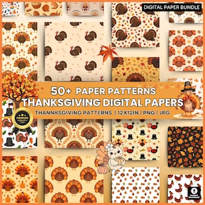 May include: Thanksgiving digital paper bundle featuring various patterns with turkeys, leaves, and hats. The collection includes over 50 patterns, each 12x12 inches, available in PNG and JPG formats. The designs showcase a warm color palette.
