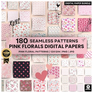 May include: A digital paper bundle with 180 seamless pink floral patterns. The patterns are in a variety of styles, including hearts, flowers, and leaves. The patterns are 12x12 inches and are available in PNG and JPG formats.