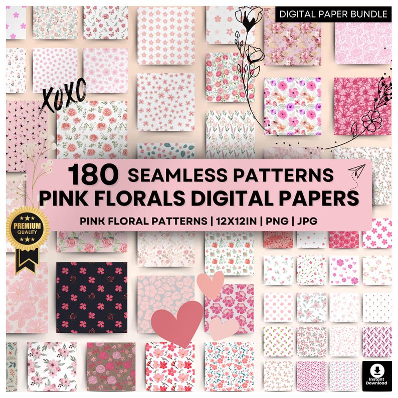 Pink Paper Flower Pattern Pink Florals Digital Paper Bundle - 180 Seamless Floral Patterns ...