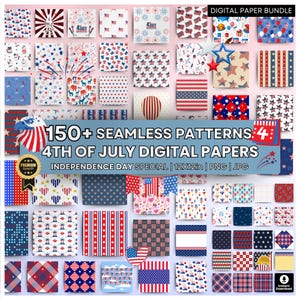 Oltre 150 carte digitali per il Giorno dell'Indipendenza - Motivi a stelle e strisce - Tema patriottico degli Stati Uniti - Stampe rosse, bianche e blu - Motivi senza soluzione di continuità - Carta stampabile