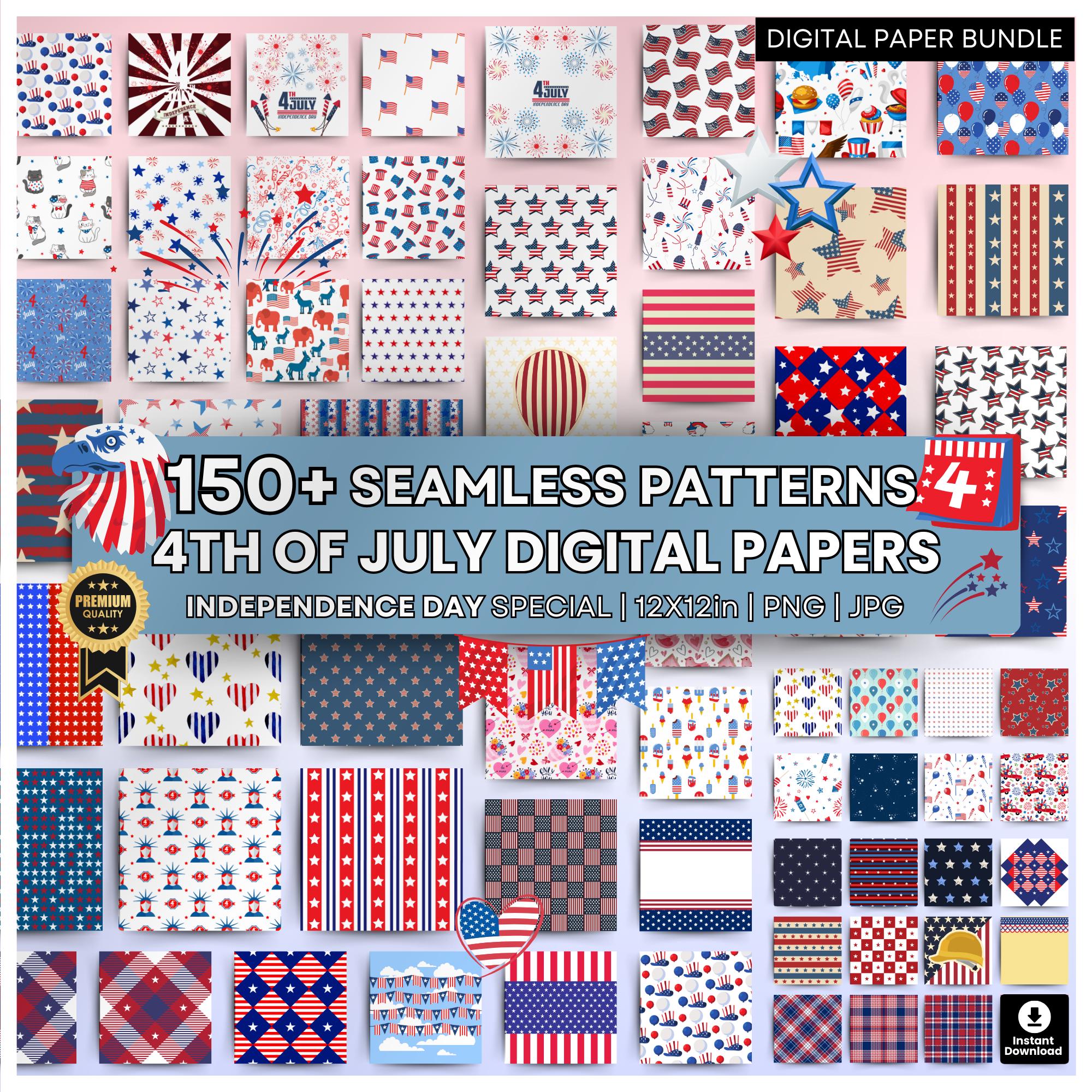 150+ Independence Day Digital Paper– Stars & Stripes Patterns– Patriotic USA Theme–Red, White, Blue Prints–Seamless Patterns–Printable Paper