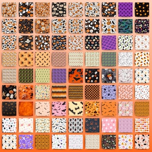 May include: A collection of Halloween-themed fabric squares featuring various patterns. Designs include pumpkins, bats, ghosts, spiders, and other spooky motifs in orange, black, purple, and white. The squares are arranged in a grid.