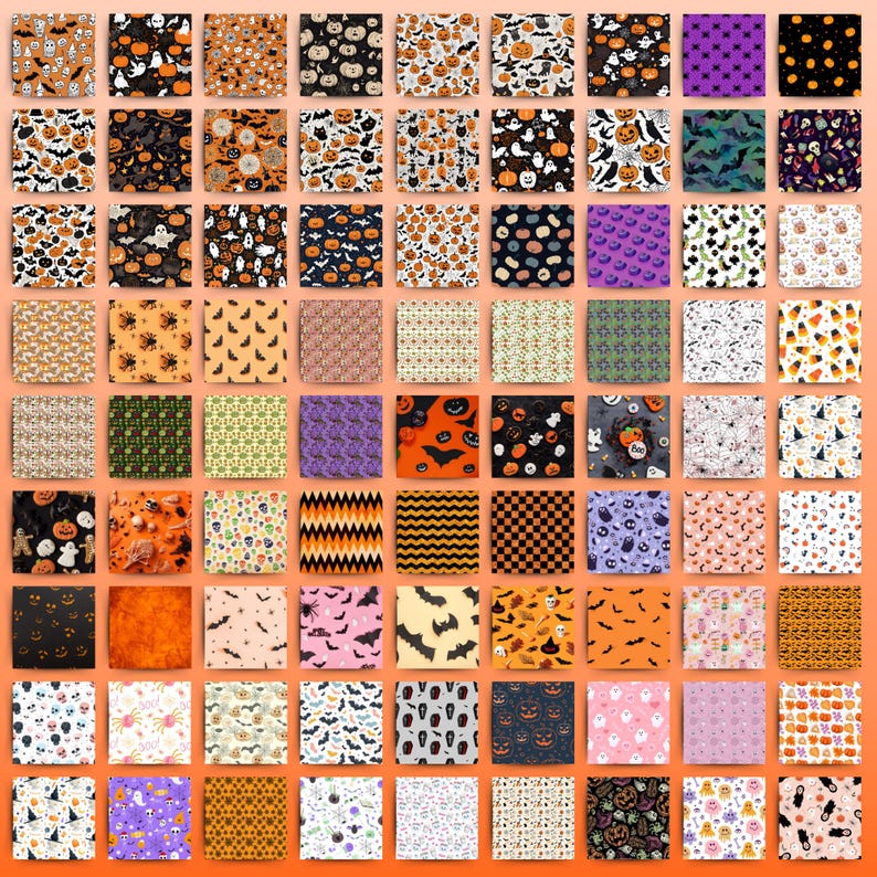 May include: A collection of Halloween-themed fabric squares featuring various patterns. Designs include pumpkins, bats, ghosts, spiders, and other spooky motifs in orange, black, purple, and white. The squares are arranged in a grid.