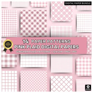 May include: A collection of 14 pink plaid digital paper patterns. The designs include gingham, grid, and diamond patterns. The text on the image reads "Pink Plaid Digital Papers" and "Gingham Plaid Patterns | 12x12in | PNG | JPG". A gold seal with a black ribbon is in the image.