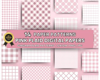Rosa-kariertes digitales Papier-Bundle – Nahtlose Karo- & Tartan-Muster – Klassische Gingham-Hintergründe – Hochzeits- und Babyparty-Hintergründe