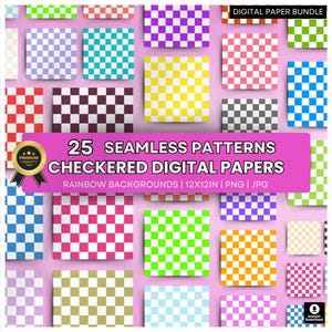 Checkered Digital Papers – Rainbow Seamless Backgrounds – Colorful Square Patterns – Checkerboard Printable Papers – Chessboard Patterns
