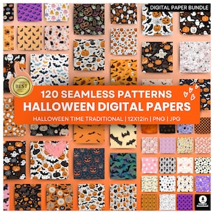 120 Halloween Digital Paper Bundle - Modelli senza soluzione di continuità - Carta stampabile 12x12 pollici - JPG di alta qualità - PNG - Download immediato
