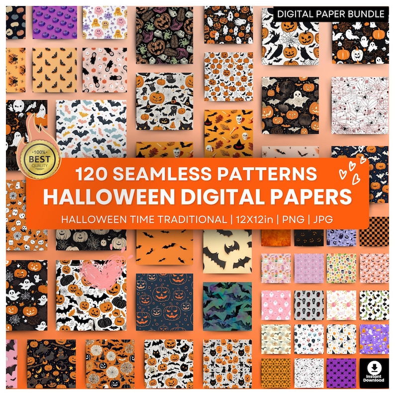 May include: A collection of 120 seamless Halloween digital paper patterns. The patterns feature various Halloween-themed designs, including pumpkins, bats, ghosts, and spiderwebs. The image includes the text "Halloween Digital Papers".