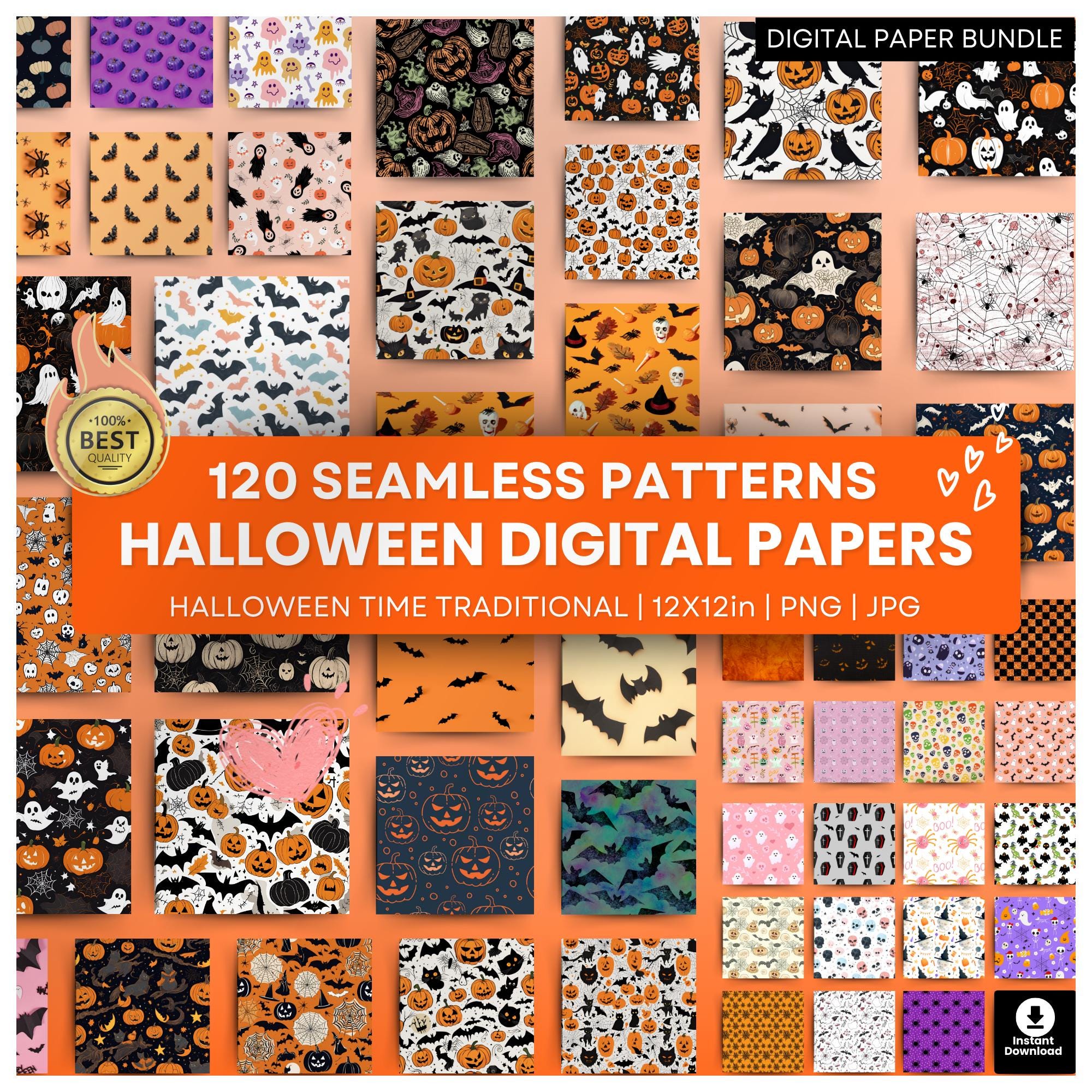 120 Halloween Digital Paper Bundle - Seamless Patterns - 12x12in Printable Paper - High Quality JPGs - PNG - Instant Download