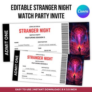 May include: Editable Stranger Night watch party invite featuring Season 5. The design includes two ticket-style invitations with the text "Stranger Night" and "Admit One." The invite also includes a graphic of a person in front of a portal. The dimensions are 20.3 x 8.9 cm.