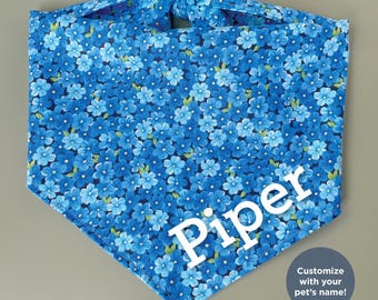 Blue Flower Dog Bandana Personalized Floral Pet Bandana Handmade Dog Accessory with Custom Name