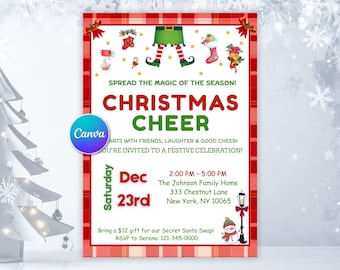 Modèle d'Invitation de fête de Noël elfe, modèle de fête de vacances elfe, invitation de Noël drôle, secret père Noël cadeau échanger une partie inviter