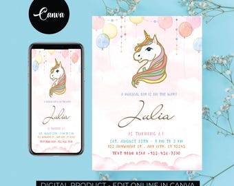 Unicorn Invitation, Unicorn Invites, Instant Download Unicorn Invites, Editable Unicorn Birthday Invitation, Magical Pastel Birthday