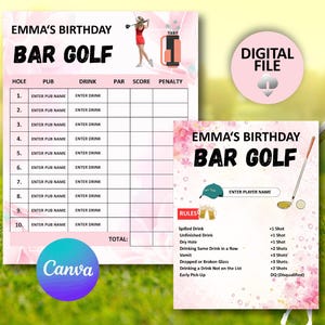 May include: A digital file for a Bar Golf game, featuring a pink and white floral design. The game sheet includes spaces for pub names, drinks, and scores. The rules and a golf-themed illustration are also included.