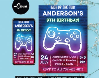 May include: A digital invitation for a 9th birthday party with a neon blue and purple video game controller graphic. The text reads "Kick Up The Fun! Anderson's 9th Birthday!" and includes the date, time, location, and RSVP information.