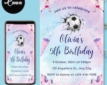 Invito di compleanno di calcio modificabile digitale, inviti per feste di compleanno stampabili, invito di compleanno di calcio, modello digitale modificabile Canva