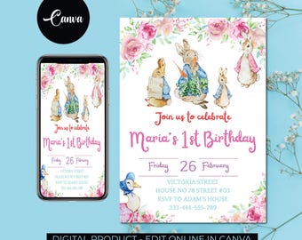 Peter Rabbit First Birthday Invitation, Rustic Bunny, Editable Invite Template, 1st Birthday, Boy Party Printable, Instant Download