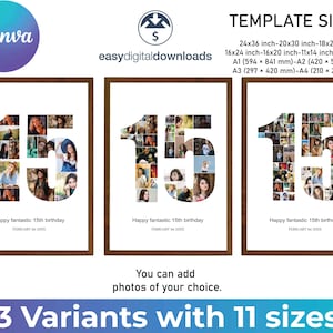 May include: Three digital templates for a 15th birthday photo collage. Each template features the number 15 made up of smaller photo squares. The templates are available in 11 sizes, including 24x36 inches, 20x30 inches, 18x24 inches, 16x24 inches, 16x20 inches, 11x14 inches, 8x10 inches, A1, A2, A3, and A4.