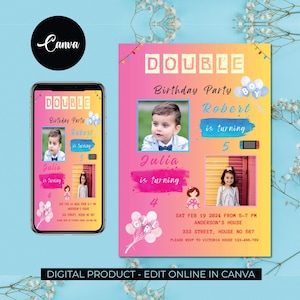 Editable Sibling Birthday Invitation, Double Birthday Invitation, Boy and Girl Double Invite, Dual Combined Invitation, Editable Canva