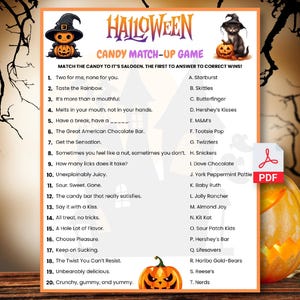 May include: A Halloween-themed candy match-up game with a pumpkin and witch hat graphic. The game challenges players to match candy clues to their brands. The PDF document is available for download. The background has a spooky design.