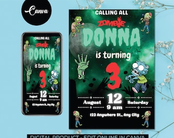May include: A digital invitation for a zombie-themed birthday party for a child turning three. The invitation features a green and black background with a cartoon zombie and the text "Calling all Zombie Donna is turning 3". The invitation also includes the date and time of the party, "August 12, 9 am, Saturday", and the address, "123 Anywhere St., Any City".