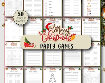 May include: A collection of 50 Christmas party games, including word puzzles, emoji games, and mazes. The games are printed on white paper with festive green and red borders, perfect for holiday gatherings.