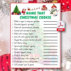 以下が含まれることがあります： 「Name That Christmas Cookie」というタイトルのクリスマスをテーマにしたゲームシート。クリスマスツリー、サンタ、雪だるま、ギフトのイラストが特徴です。楽しいホリデーアクティビティのためのクッキーの説明リストが含まれています。