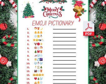 May include: A white printable PDF with a green border featuring a Christmas-themed emoji pictionary game. The top of the page has a "Merry Christmas" banner and Christmas tree and bell illustrations. The game includes numbered emoji clues.