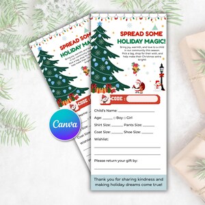 May include: Two holiday-themed gift tags with the text "SPREAD SOME HOLIDAY MAGIC!" feature a Christmas tree, Santa, and a snowman. The tags include fields for a child's name, age, sizes, and wishlist. A Canva logo is visible.