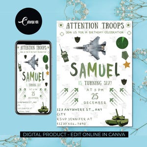 Invitations fête militaire, faire-part d'anniversaire de l'armée, invitation militaire, invitation d'anniversaire de soldat, modèle de toile modifiable, fête de soldats