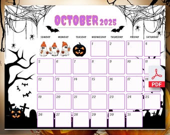 Kids October 2025 Calendar Halloween theme, Printable 2025 Calendar, Calendar Board, Children's Monthly Planner, Halloween Calendar