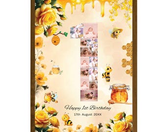 Bee 1st Birthday Welcome Sign Template, Printable 1st Birthday Welcome Board for Baby Girl, Honey Bee 1st Birthday Photo Collage, Canva