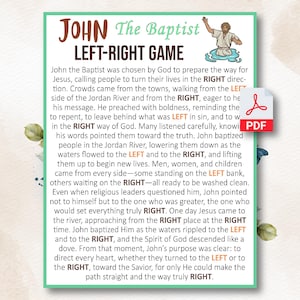 Op de afbeelding: Een turquoise en witte spelkaart getiteld "John the Baptist LEFT-RIGHT GAME". De kaart bevat tekst over Johannes de Doper, een tekening van een persoon in het water en een PDF-pictogram. De kaart heeft een groene rand en bloemaccenten.