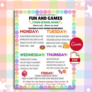 Può includere: Un volantino colorato con un design giocoso annuncia "Fun and Games" per la Settimana di apprezzamento per insegnanti e personale. Il volantino include eventi a tema giornalieri come ciambelle, tacos e caffè, con i loghi Canva e PDF.