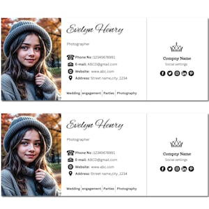 May include: Two business cards with a portrait of a young person wearing a gray hat and sweater. The cards feature the name "Evelyn Henry", contact information, and social media icons. Keywords: business cards, photography, portrait.